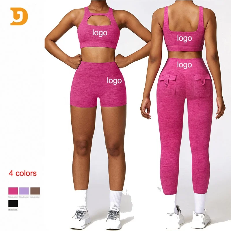 OEM High Waisted Yoga Short Pants Leggings Bra Sets Sportswear For Women Active Wears Gym Fitness Sets Yoga Clothes With Pockets