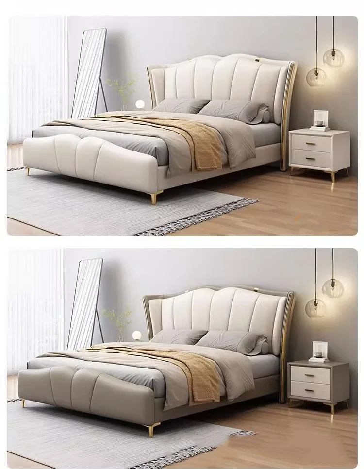 Wholesale New Designs Luxury King Size Modern Leather Bed Solid Wood Frame High Double Bed Upholstered Leather Headboard