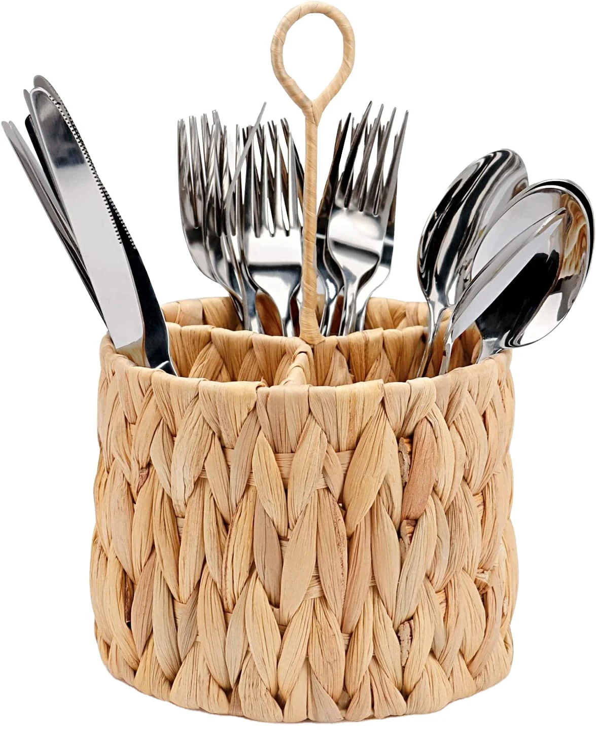 round water hyacinth caddy basket kitchen cutlery and utensil storage holder small makeup storage & organizer