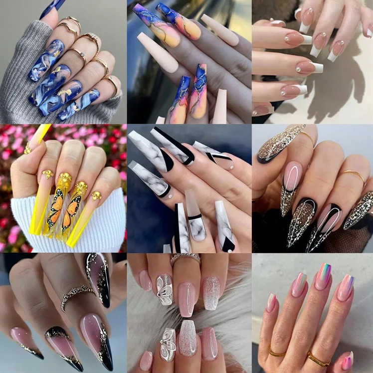 Romantic Rain Custom Press On Full Cover Acrylic Nails Ombre Shining Diamond Sequins Long French Blue Pink 24Pcs/Box Blind Box