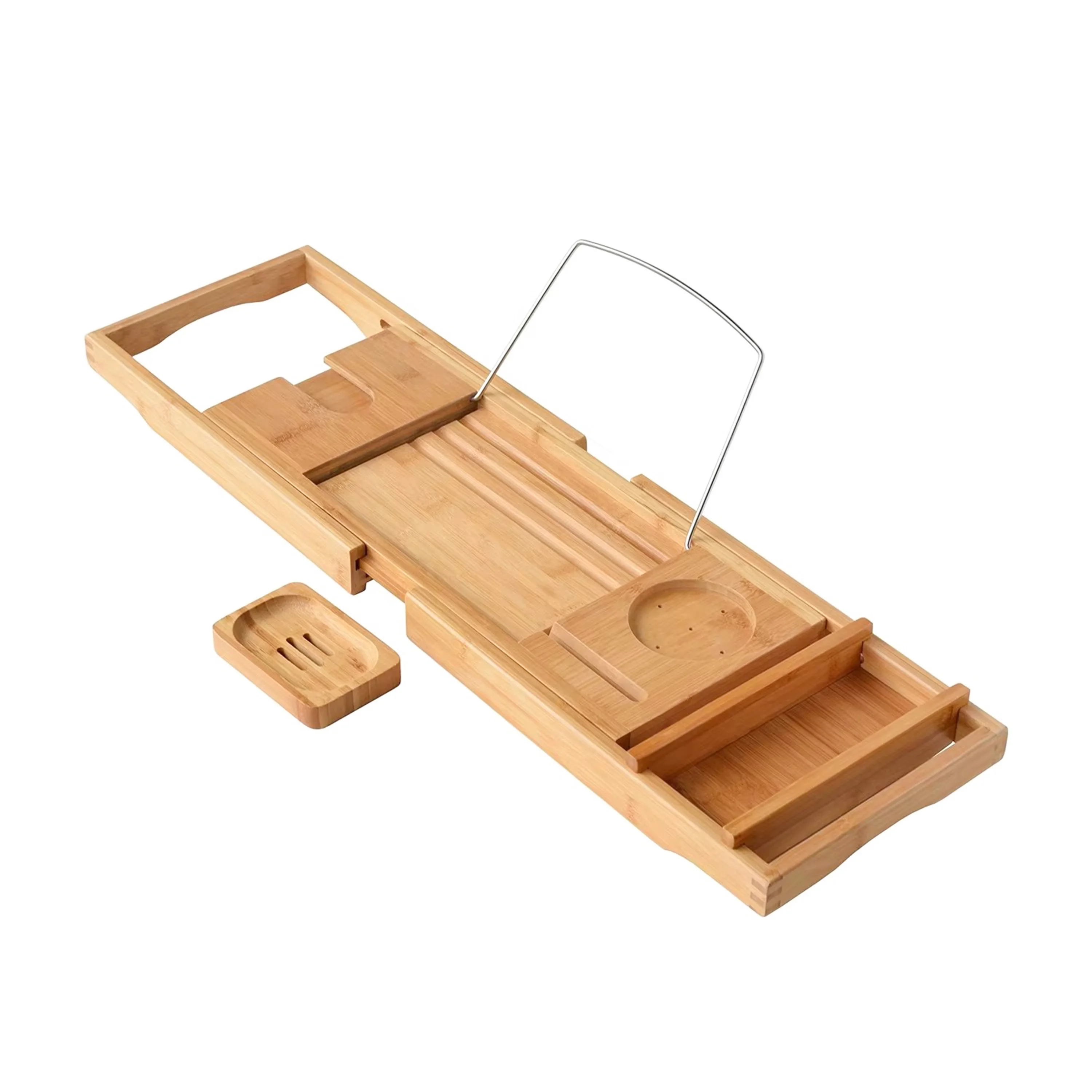 product luxury spa bathroom organizer bamboo bathtub caddy tray extendable bath tub tray with wine glass device holder-3