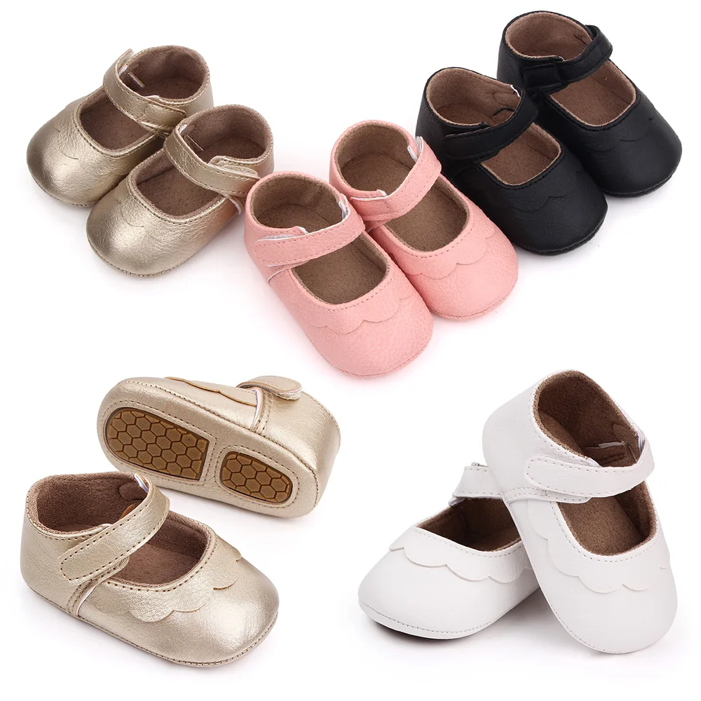 Solid Color PU Leather Top Wave Lace Baby Girls Non-slip Soft Soled Princess Toddler Shoes supplier