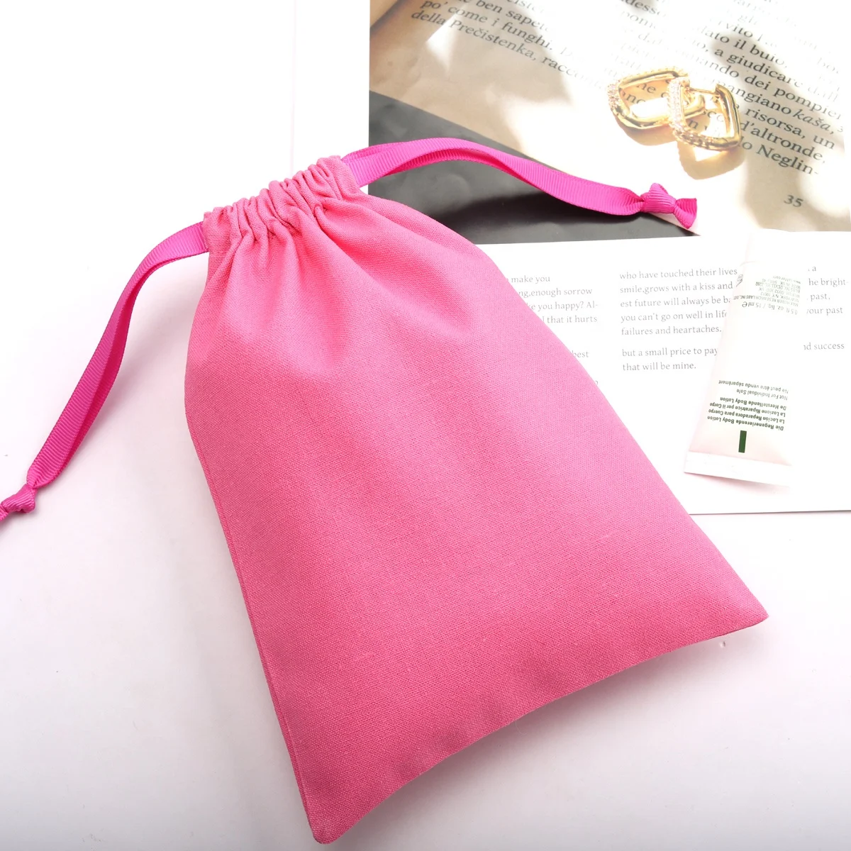 High Quality Pink Cotton Linen Drawstring Bag For Jewelry Gift Eco-friendly Soft Muslin Packaging Dust Cotton Pouch