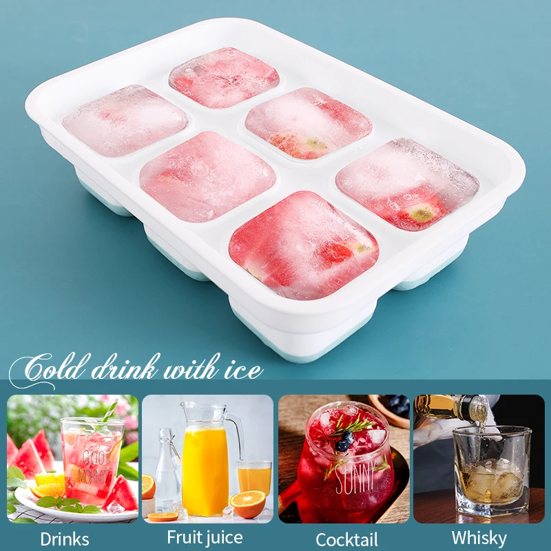 BPA Free Square Cavity Eco-Friendly Ice Cube Mold Freezer Custom Easy-Release 6 Holes Silicone Ice Cube Tray With Lid