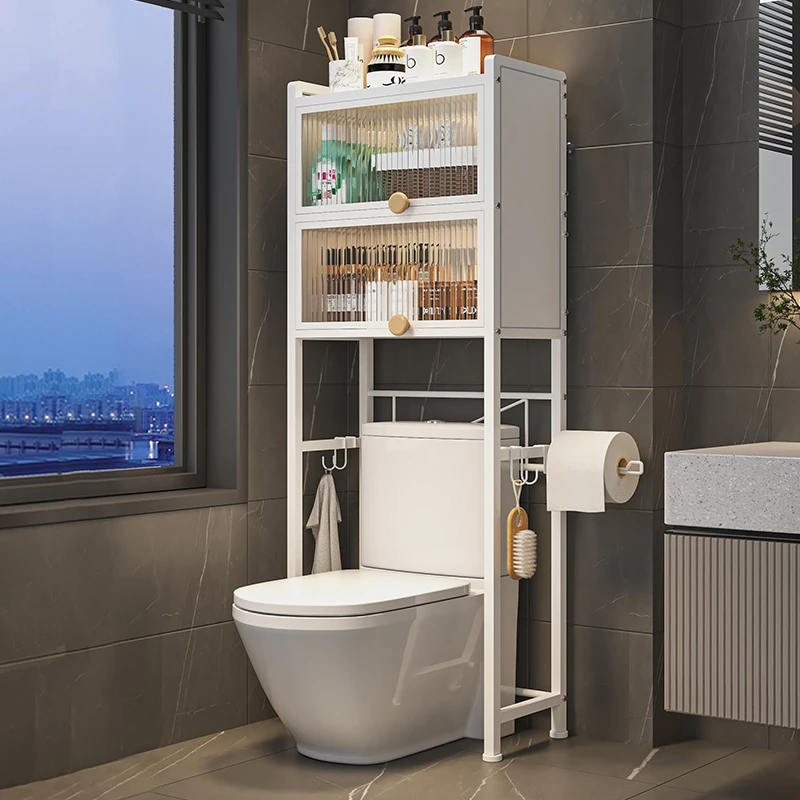 bathroom With cabinet door over Toilet storage rack paper roll organization holder 3 Tier Metal towel Bath Products shelf