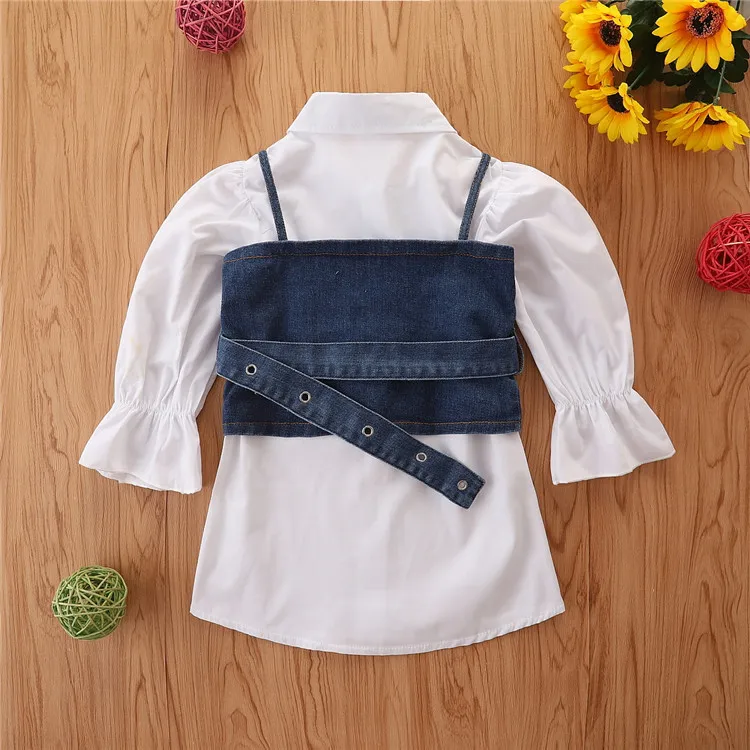 Spring autumn kids baby girls clothes long sleeve white shirt dress+denim vest waist girls outfits kids clothing 1-6Y
