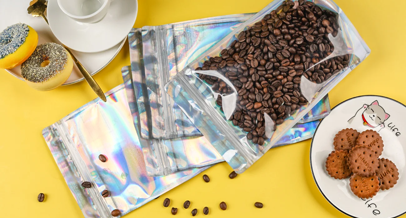 Clear Front Foil Back Iridescent Food Zip Lock Bags Resealable Holographic Stand Up Pouches Smell Proof Mylar Bags 2