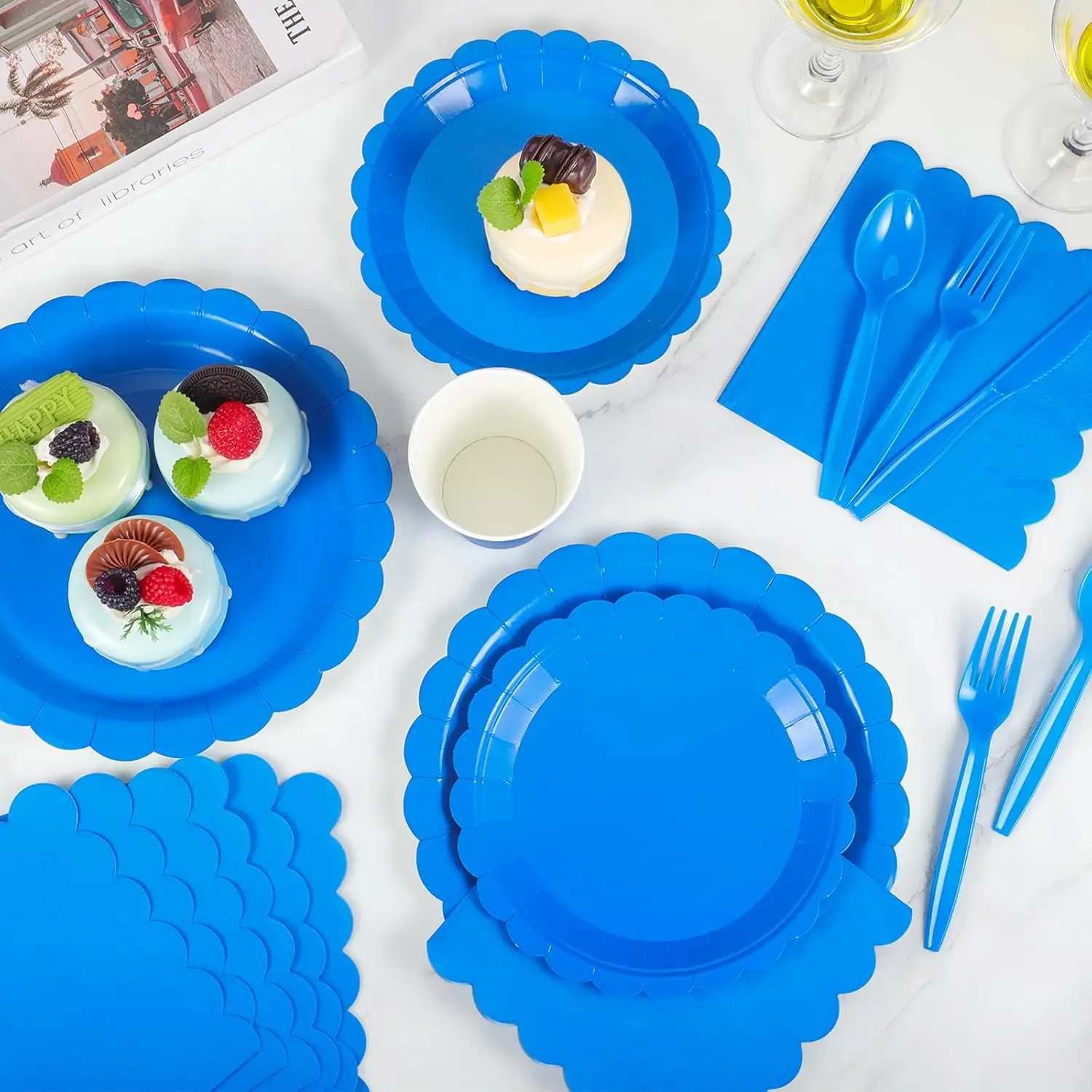 Lace Edge Blue Theme Party Tableware Set Solid color Birthday Party Decorations Pure color Disposable Paper Plates And Cups