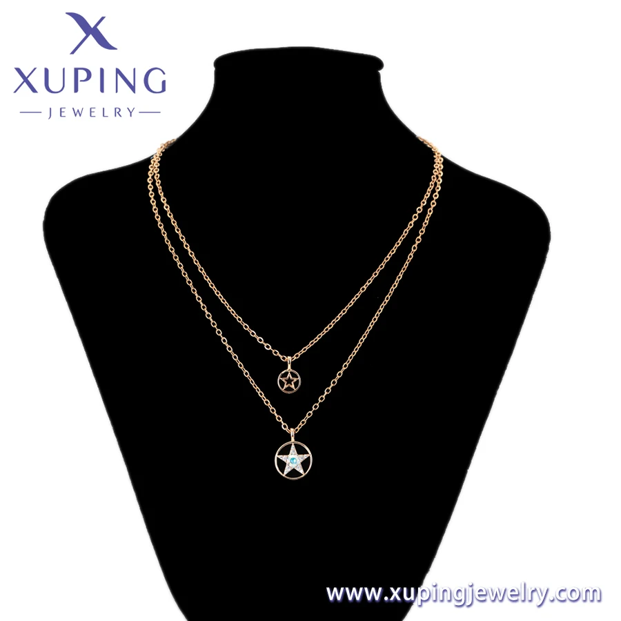 A00917006 XUPING European wholesale jewelry 18K gold color women Double-layer chain five-pointed star Crystal pendant necklace