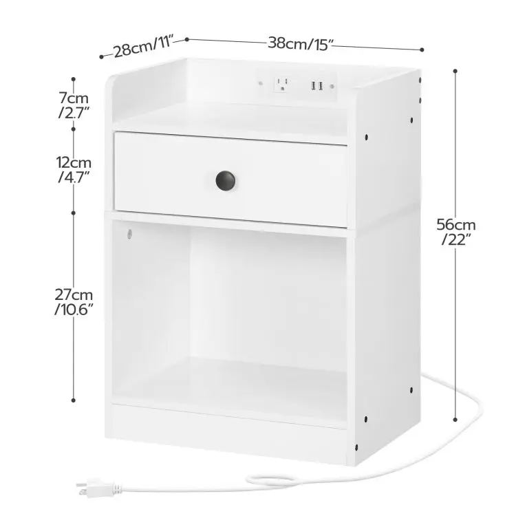 Modern White Wooden 1/2 Drawer Bedside Table Wooden Nightstand Bedside Table With Charging Station And Usb Ports For Bedroom