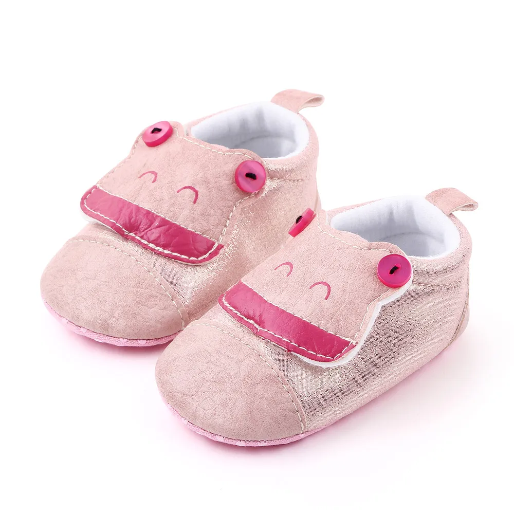 Cute Cartoon Animal Solid Color Pu Leather Buttons Small Frog Soft Soled Baby Walking Shoes supplier