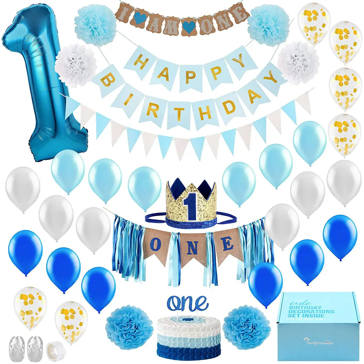 Custom Blue Children Happy Birthday Foil Blue Balloons Set 1st birthday party decoration for one year baby boy