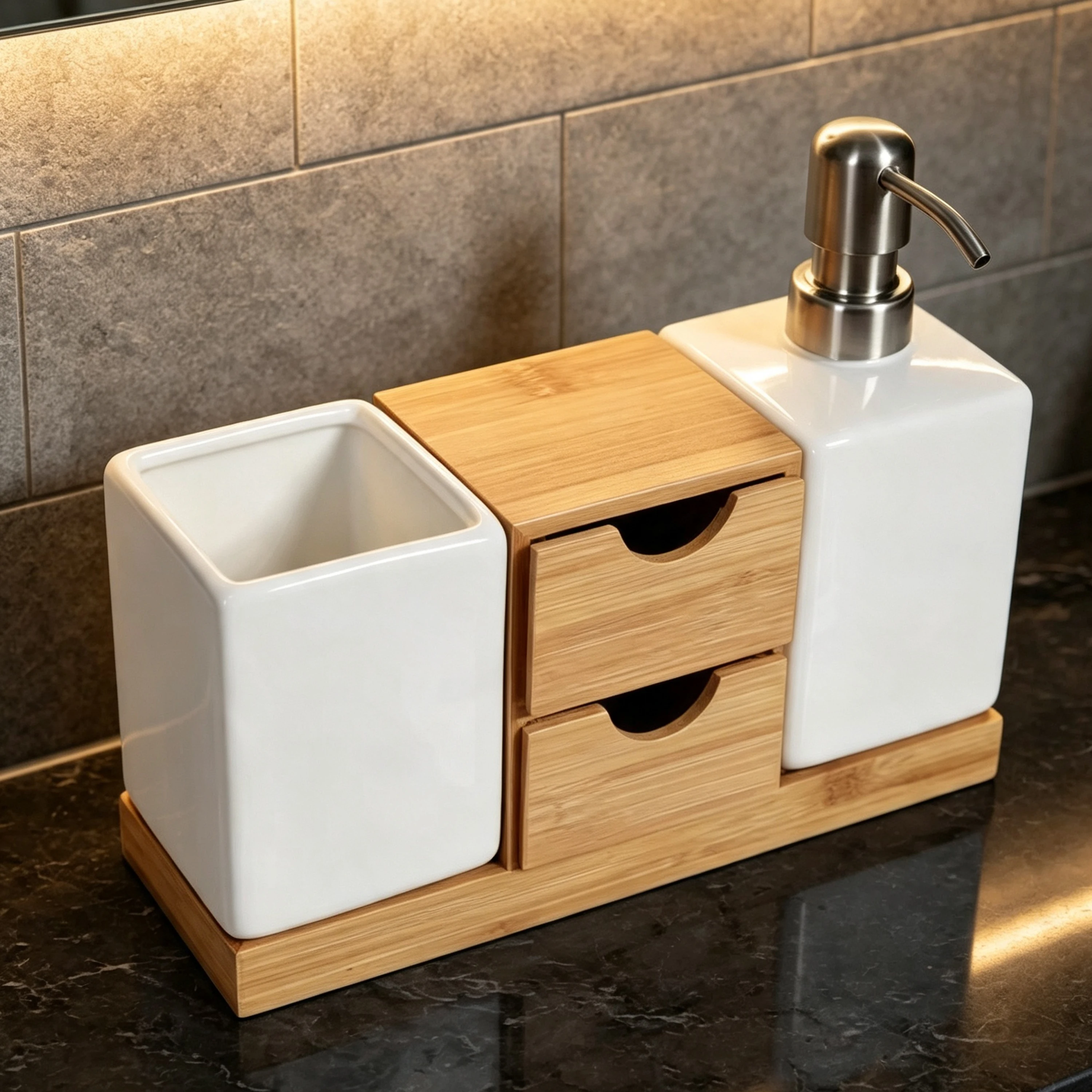 product bamboo three piece countertop organizer with drawers soap pump set modern bath accessories lotion dispenser toothbrush holder-5