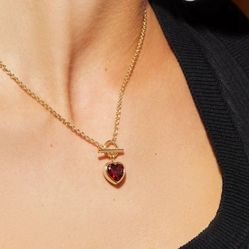 Woman Fashion Luxury Jeweler 14K Gold Heart-Shape Red Zirconia Ruby Gemstone Pendant Necklace