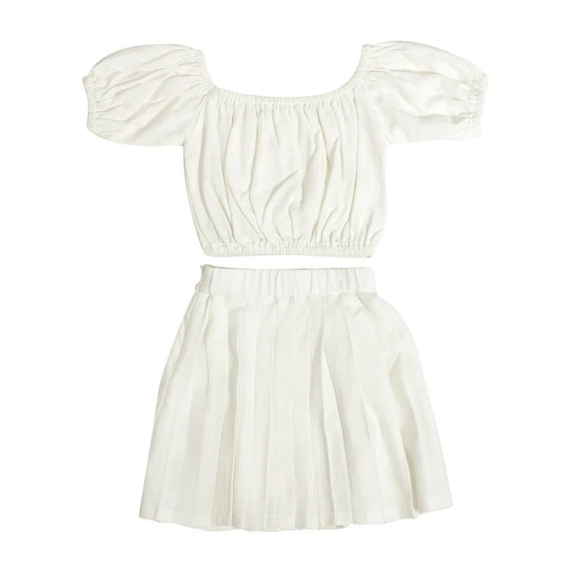Wholesale Summer Kid Tracksuits Solid Color Linen Children Two Piece Set Baby Girls Dress Set