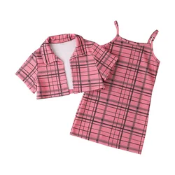 Wholesale 4-7Y toddler baby girls clothing sets plaid sleeveless slip dress+coat 2pcs children's clothing girls dresses