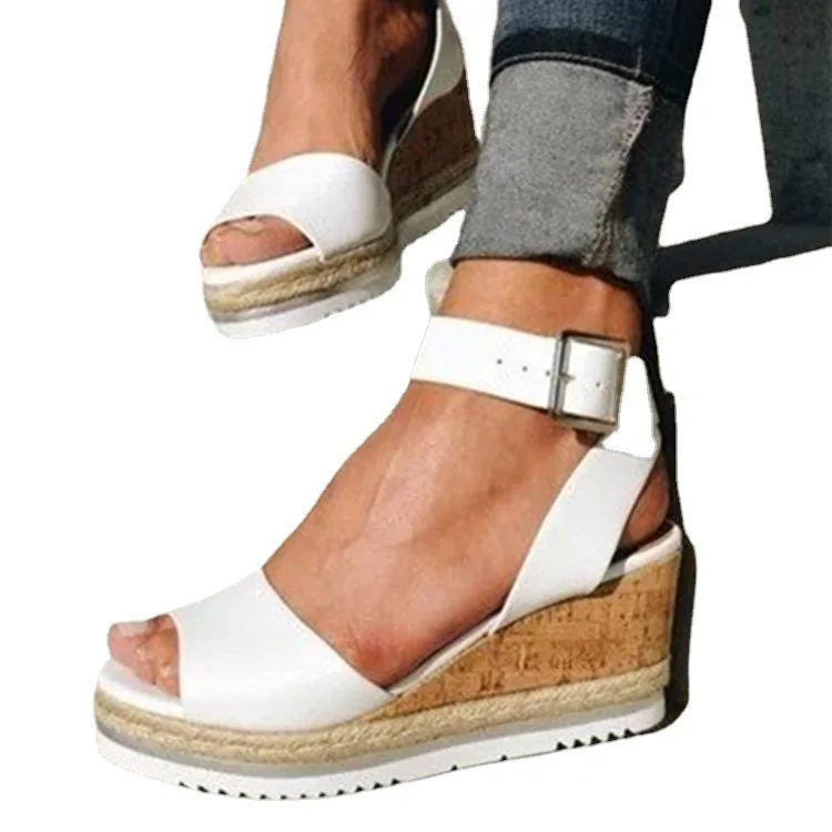 35-43 Oversized Summer New Line Buckle Sandals Slope heeled raised fish mouth female sandals