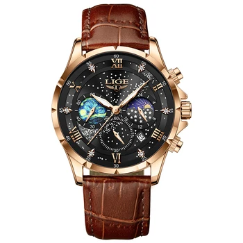 LIGE new casual fashion men's quartz watch waterproof luminous leather strap Student Watch 89107