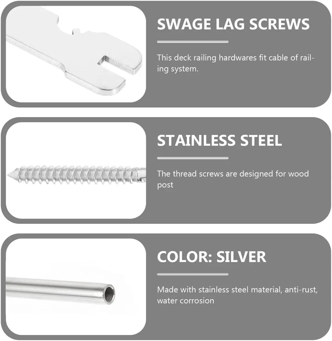 T316 Stainless Steel Cable Railing Hardware with Waterproof Rust-proof Swage Lag Screws Suitable for 3/16-inch Cables