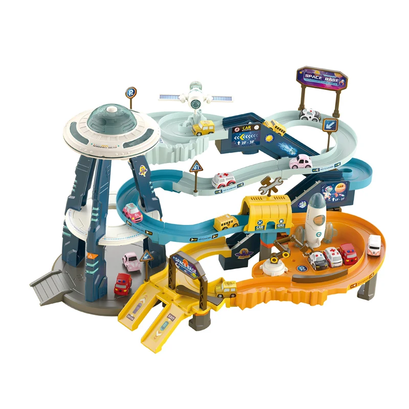 Car parking lot toy adventure race track electronic educational kids toy with 4pcs mini cars