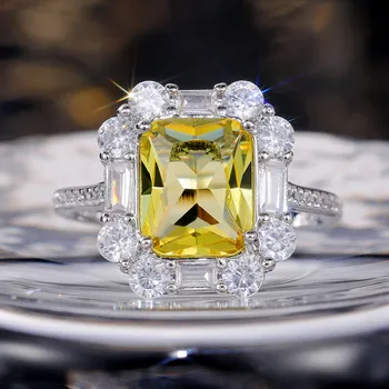 CAOSHI Excellent Emerald Cutting Gorgeous Rectangular Yellow Crystal CZ 925 Silver Jewelry Women White Diamond Wedding Ring