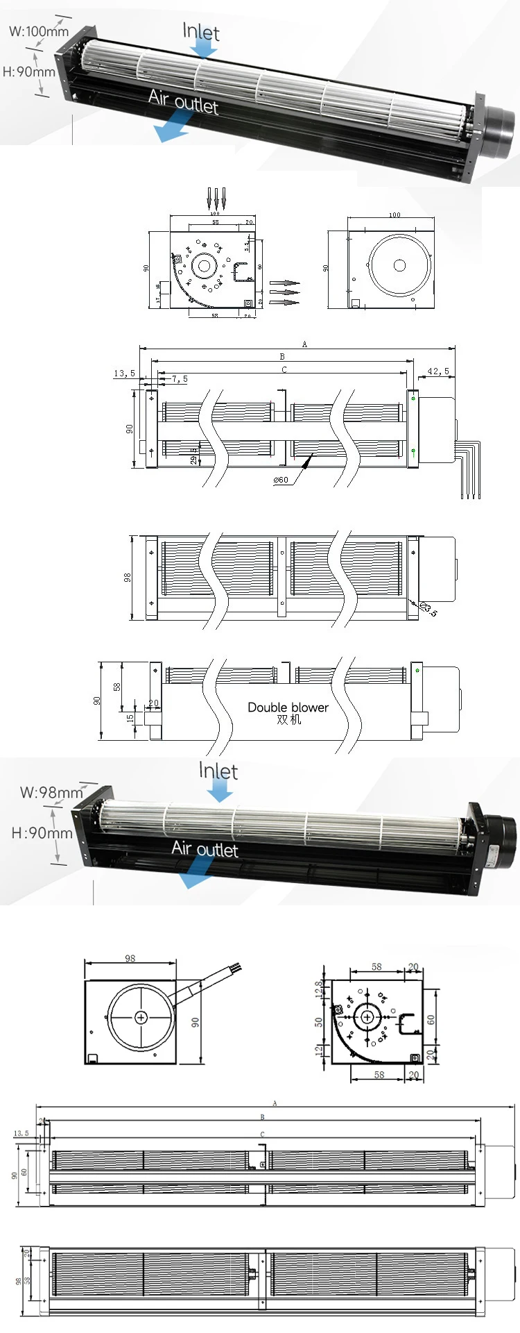 Cross Flow Fan, 60mm, Tangential, 12V, 24V - detail 24
