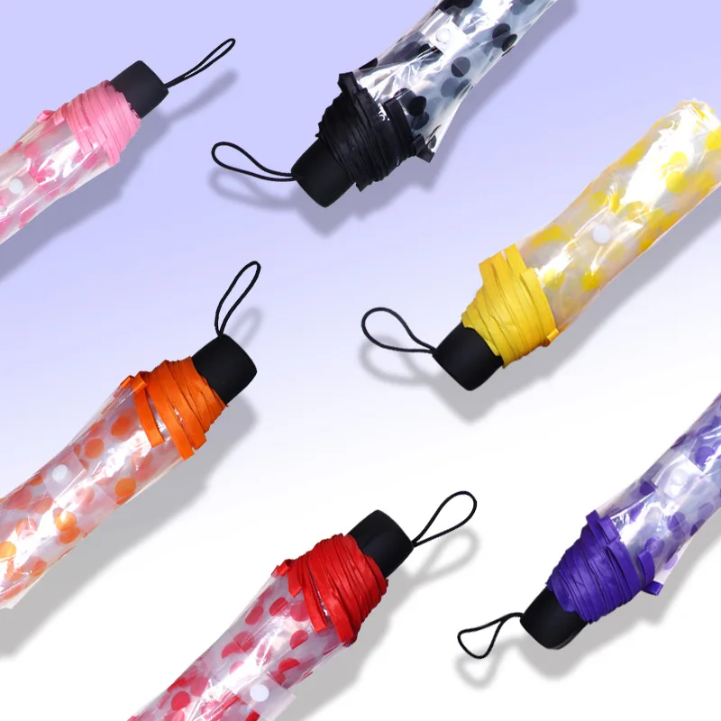 KLH423 Girls Dot Collapsible Plastic Umbrella Ins Clear Colorful Umbrellas  3 Folding Transparent Umbrella