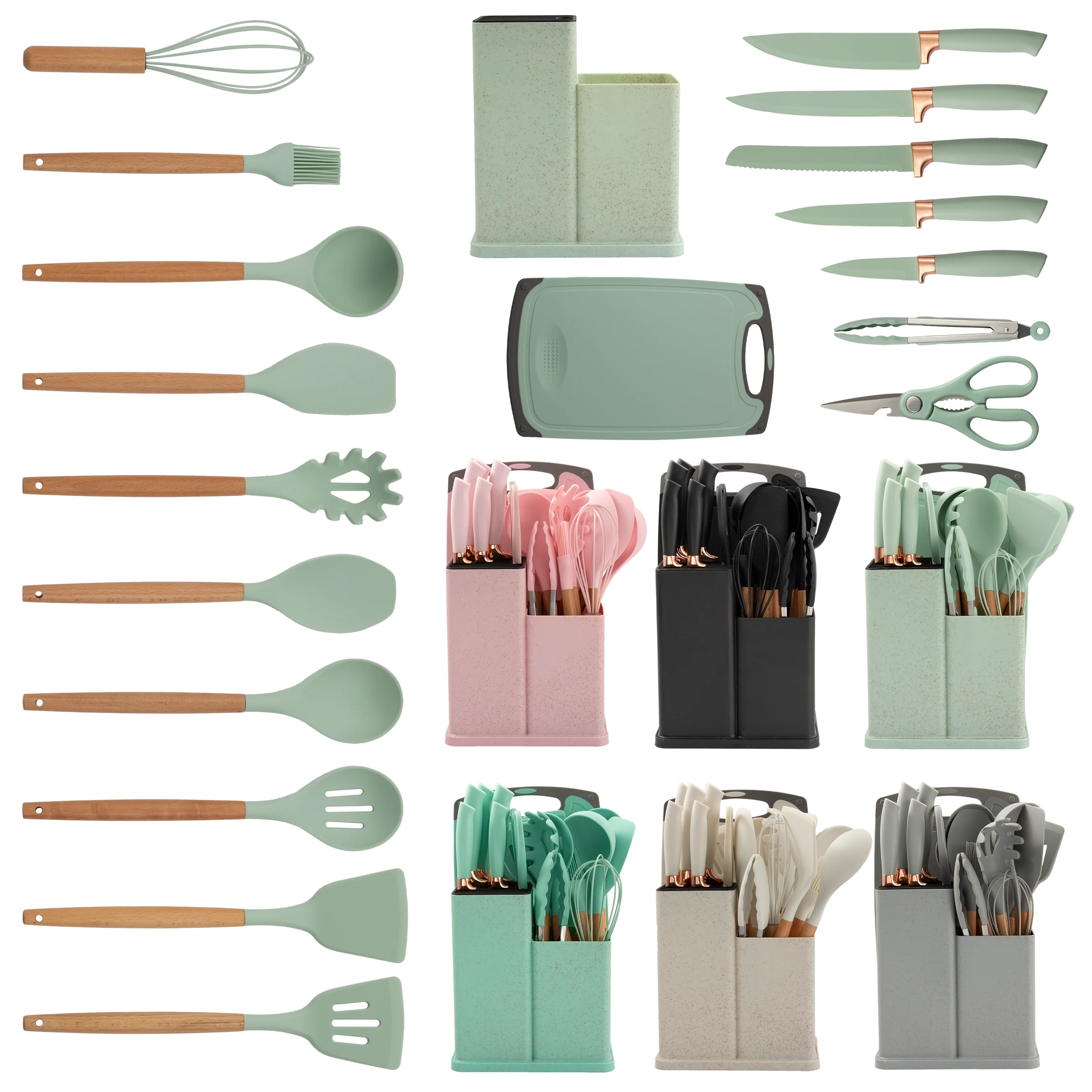 Wood Utensil Set19-piece set of silica gel kitchen utensil set with wooden handle and cuttings board storage bucket kitchen