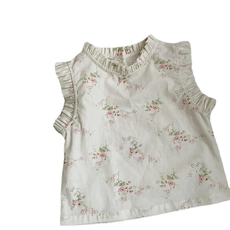 2023 Summer New Girls Sleeveless Shirt Children's Baby Cotton Floral Top