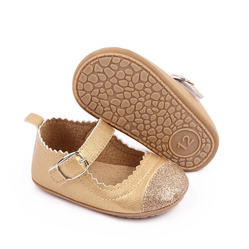 product shiny glitter pu leather matching color solid color wavy lace princess toddler shoes for baby girls-7