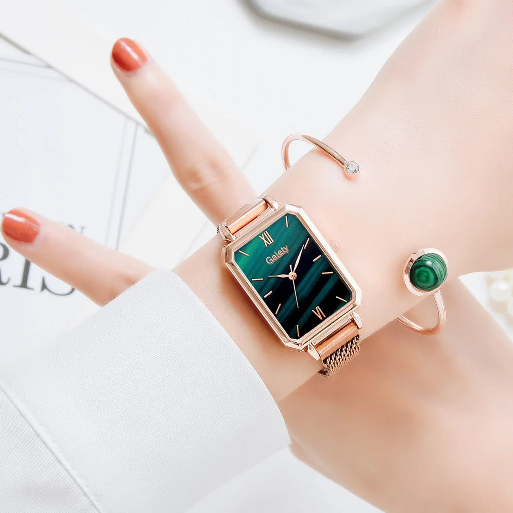 Hot Sale Women Ladies Fashion Leather Strap Square Diamond Quartz Wrist Bracelet Watches Gift Set