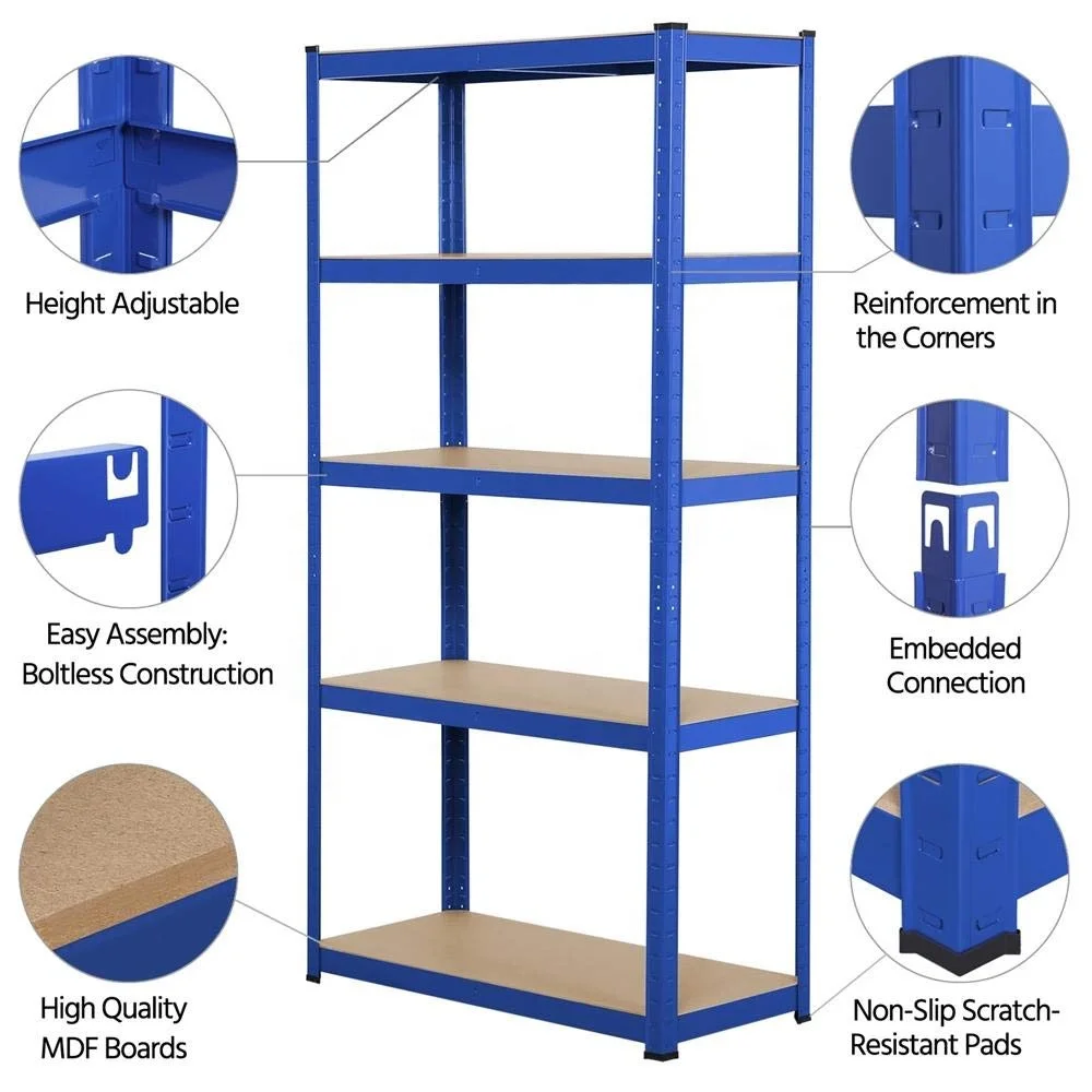 5 Tier Blue Metal Garage Shelving Unit Racking Storage MDF Boards 180x90x40cm 