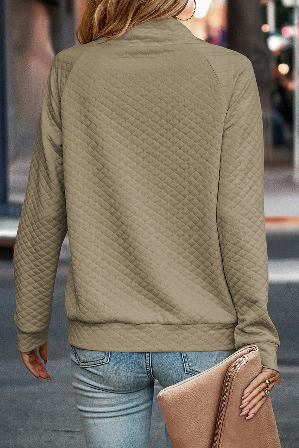 Dear-Lover Collar Button Up Neckline Stand Neck Pullover Quilted Sweatshirt