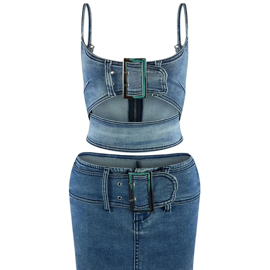 New Peoduct Mini Skirt Set Womens Casual Denim Suit Stretch Denim Camisole Crop Top Two Piece Set supplier