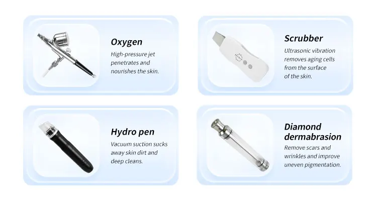 5-in-1 Professional Oxygen Hydro Dermabrasion Facial System for Clinics & Med Spas 7 Discover the 5-in-1 Oxygen Aqua Jet Peel Machine combining hydro dermabrasion, diamond peeling, oxygen jet infusion, and skin scrubber technology. Ideal for clinics and spas seeking advanced non-invasive facial solutions. 5-in-1 Professional Oxygen Hydro Dermabrasion Facial System for Clinics & Med Spas