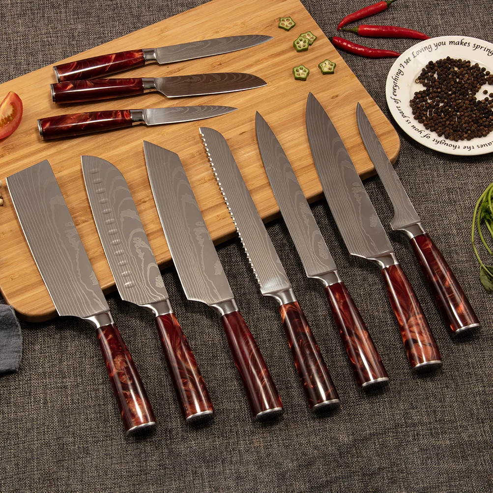 Wholesale Custom Logo Stainless Steel 10Pcs Kitchen Knives Set With Resin Handle Chef Knife Set