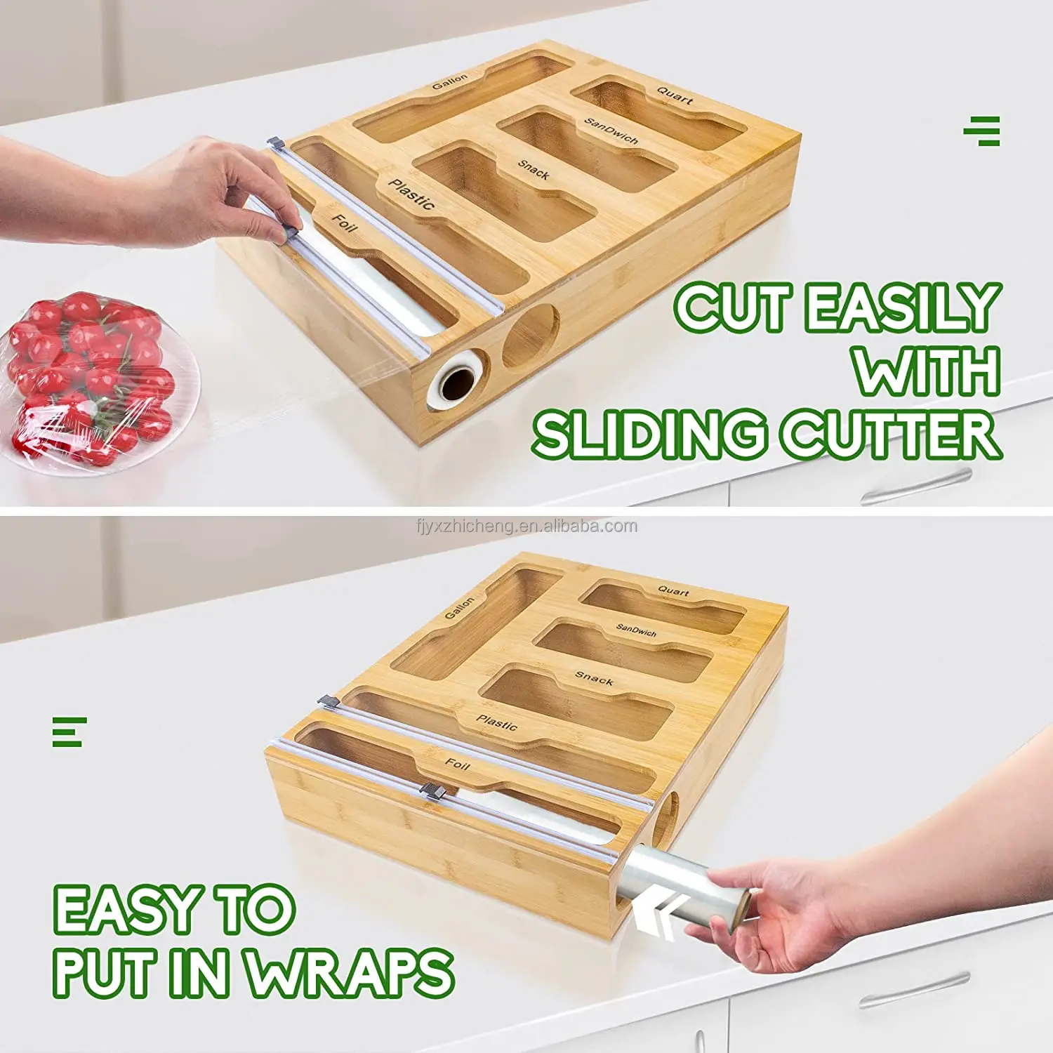 product wholesale rectangle lacquer finish bamboo wall mounted kitchen drawer organizer 6 in 1 ziplock bag wrap dispenser laser logo-1