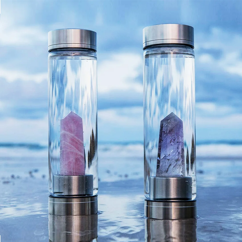 Custom Logo Gemstone Glass Bottle Energy Natural Quartz Crystal Water bottle