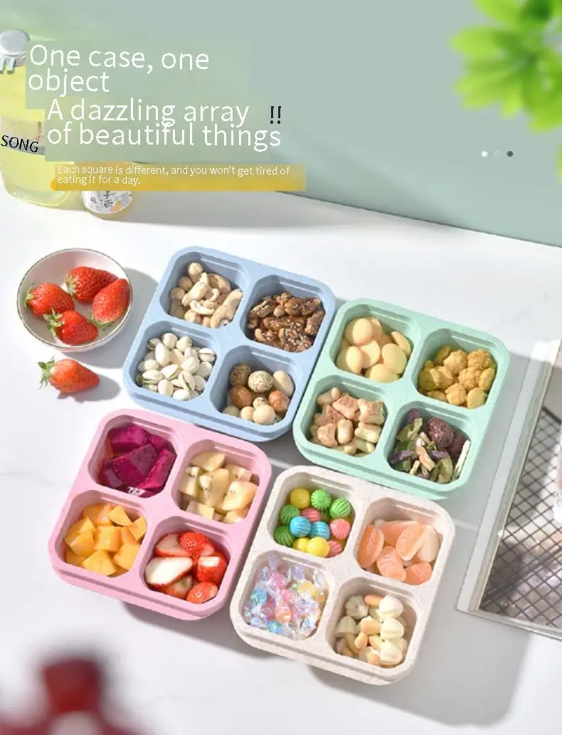 Wheat Food Box, Snack Box, 4 Grid Transparent Cover, Snack Plate, Dried Fruit Box, Cooking Tea, Lunch Box, Fresh Snack Plate