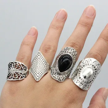 Vintage ethnic black gem water drop sun pattern palace hollow carving flower diamond 4 sets of alloy ring men and women rings