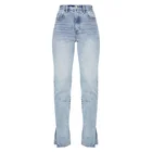 Jeans Women Jeans Trendy Vintage Wash High Waist Split Hem Women Casual Straight Leg Jeans Denim Pant