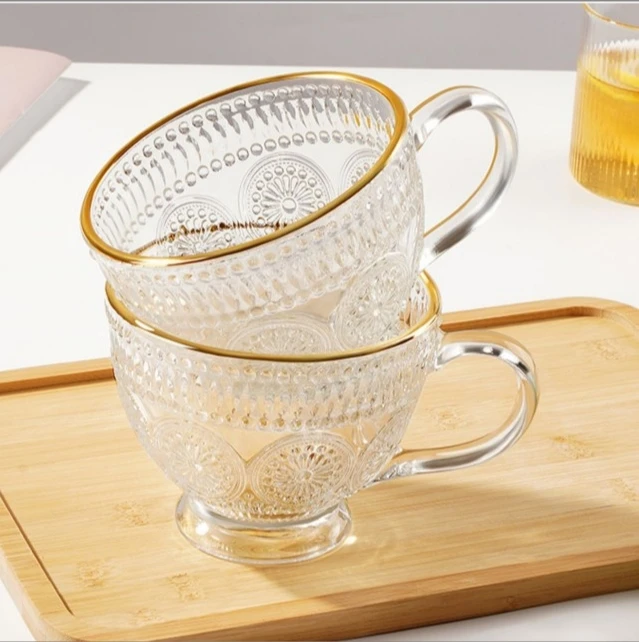 wholesale Retro relief  large sunflower cup glass breakfast cup for home embossed sunflower glass mug