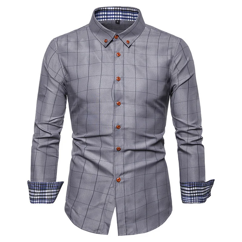 New Fashion Men Long Sleeve Lapel Shirts Button Lapel Plaid Printed Youth Business Office Tops Men's Clothes Casual Shirt