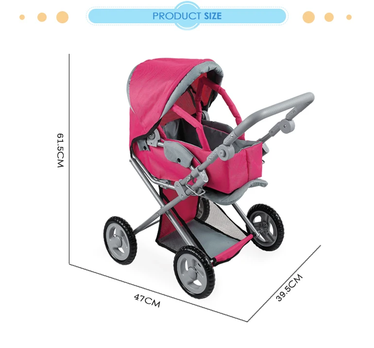 Fei Li  online hot selling Grey and Pink fabric 16mm doll pram luxury with  adjustable handle seat and shoulder bag doll buggy