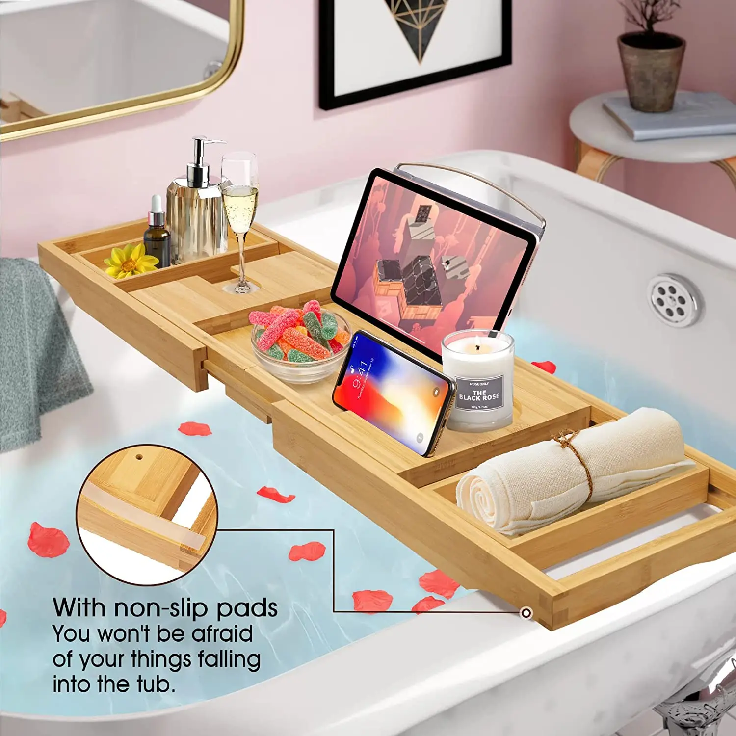 Eco-Friendly Foldable Bamboo Bathtub Caddy Tray Adjustable Bath Shower Caddy For Watching Movies Or Reading