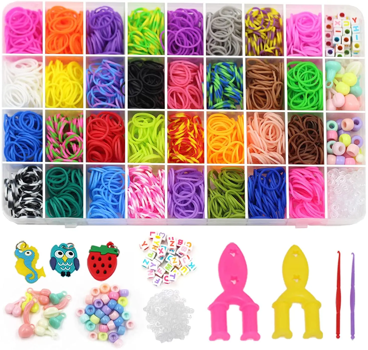 1800 COLOURFUL RAINBOW RUBBER LOOM BANDS BRACELET MAKING KIT W COLOURED S CLIPS 