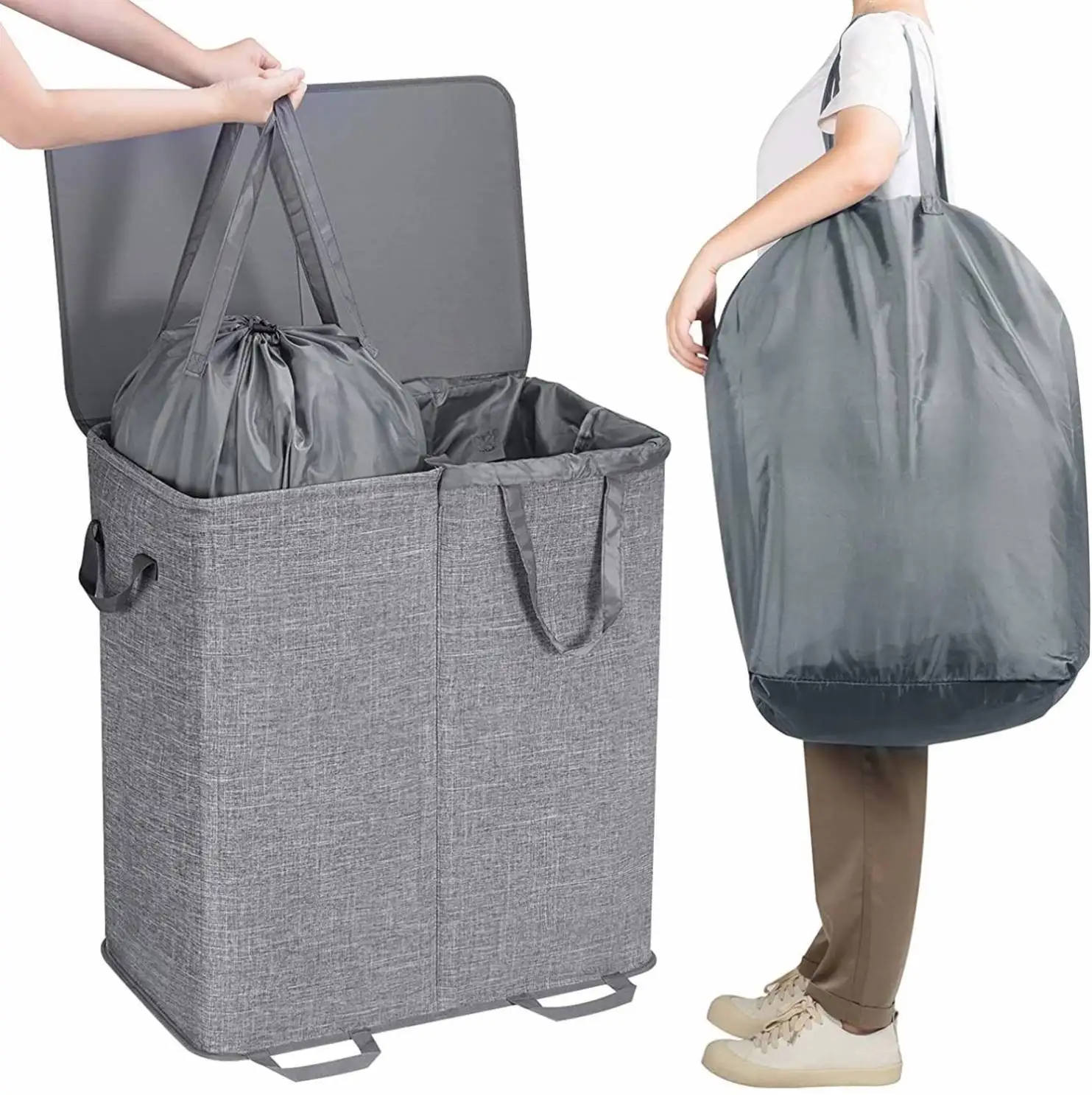 Supply Large Capacity Collapsible 2 Dividers Dirty Clothes Basket Double Laundry Hamper with Lid