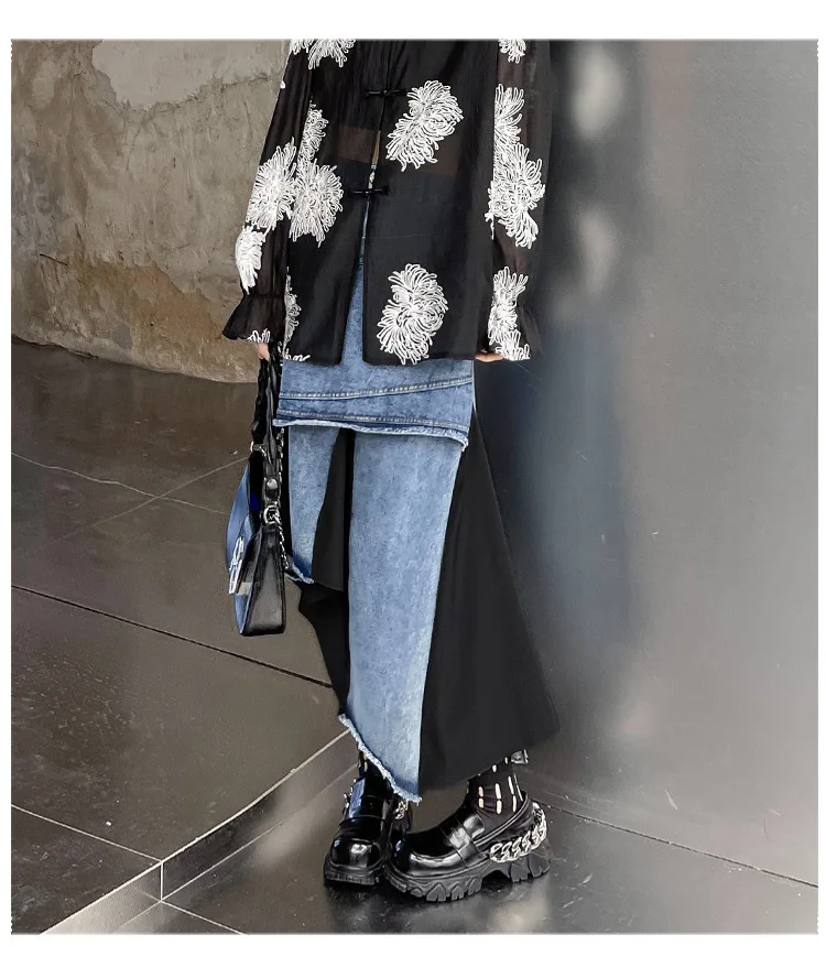 Summer Color Contrast Irregular Patchwork Skirts for Women High Waist Fashion Long Denim Skirt manufacture