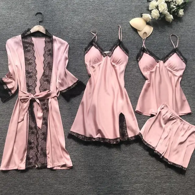 MakeMeChic Women's 5 Piece Sleepwear Floral Satin Cami Pajama Set Silk Nightgown with Robe 