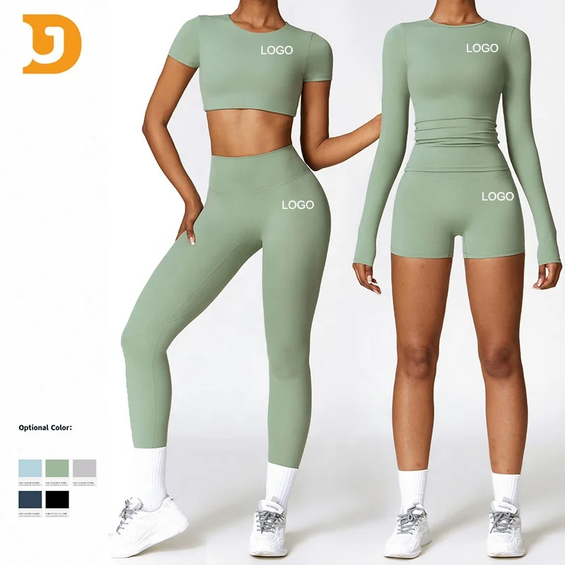 OEM Workout Customized Gym Sportswear Women Sexy Sports Bras Active Sports Yoga Set High Waist Shorts Long Sleeve Crop Top Set